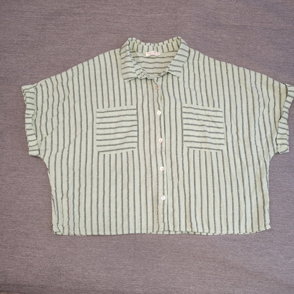 Miss Love Mint Green Striped Linen Blend Boxy Button Down Shirt Womens Small
